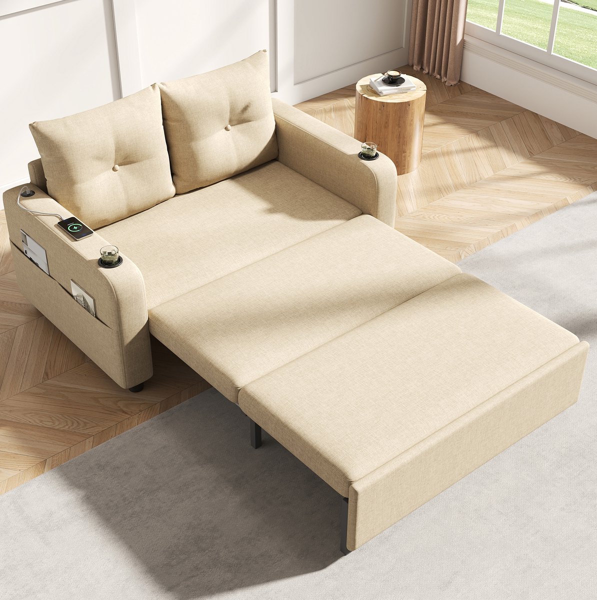 MODENUIT Slaapbank 131x81x94 cm - Uitschuifbaar Met Bekerhouders En USB-aansluiting - Woonkamer - Katoen Linnen - Beige