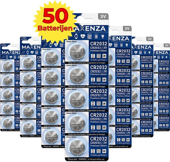 Een multipack van 50 Maxenza CR2032 3V lithium knoopbatterijen, verpakt in kaarten van 5.