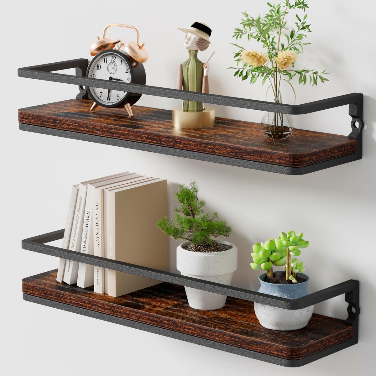 Famanu – Set van 2 rustieke houten zwevende planken, wandgemonteerd, 42 cm