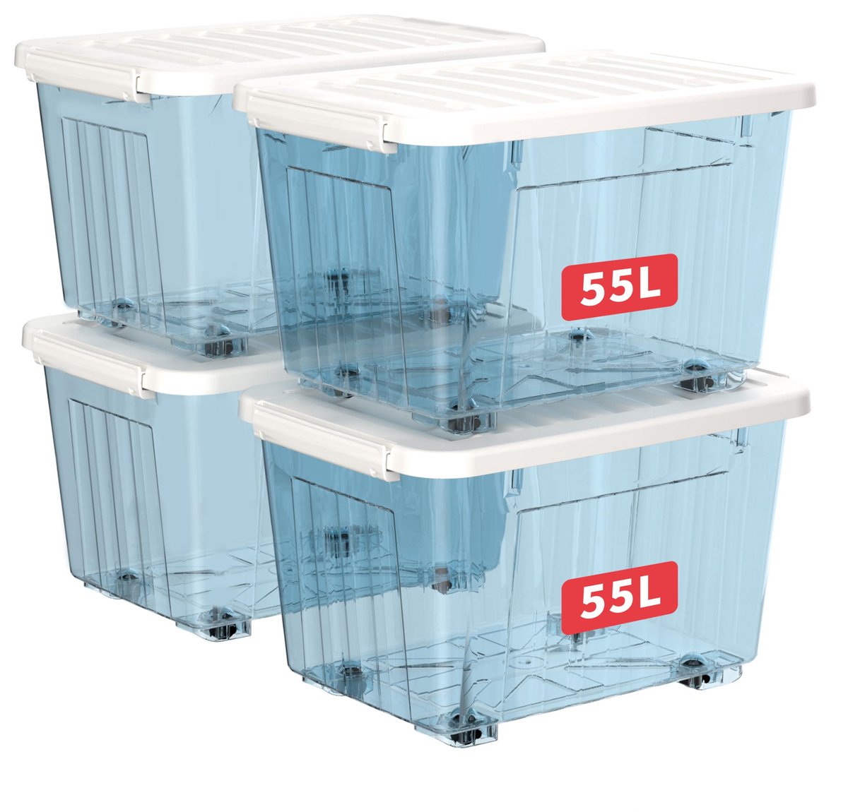 Famanu – Plastic opbergdozen met wielen, set van 4 stuks, 55L per doos, met deksel en veilige zijvergrendelingen, stapelbaar en doorzichtig blauw
