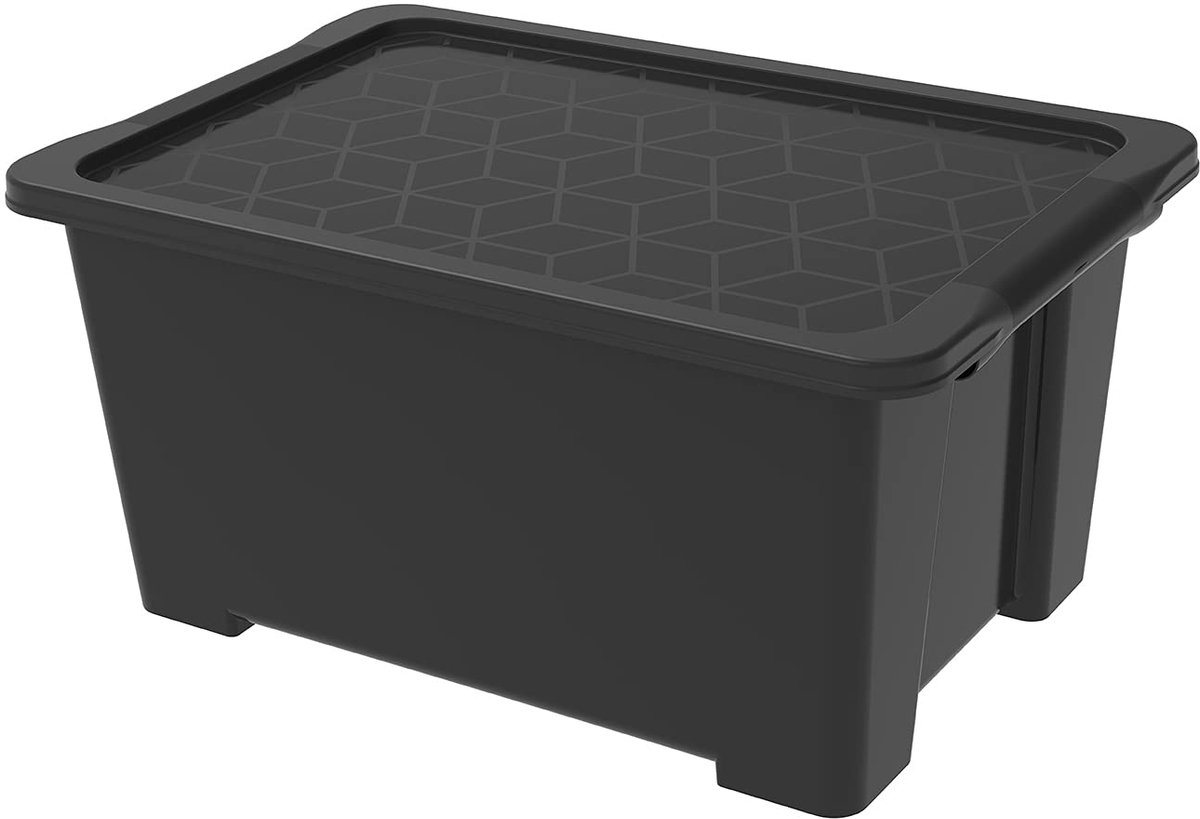 Famanu Opbergkist van 44 liter met deksel, kunststof (PP gerecycled), zwart, 58,5 x 39,0 x 27,9 cm