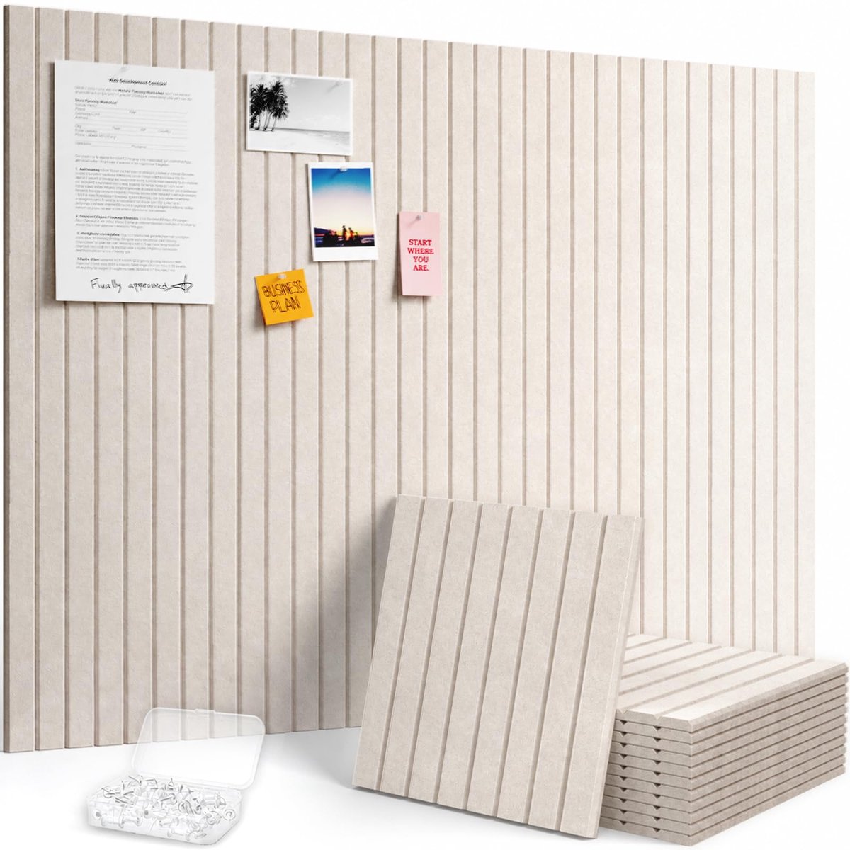 Famanu – Vilt prikbord zelfklevend 120 x 90 cm, 12 stuks kurk alternatief, decoratief vision board fotowand memobord met 50 priknaalden voor kantoor, keuken en kinderkamer, haverbeige