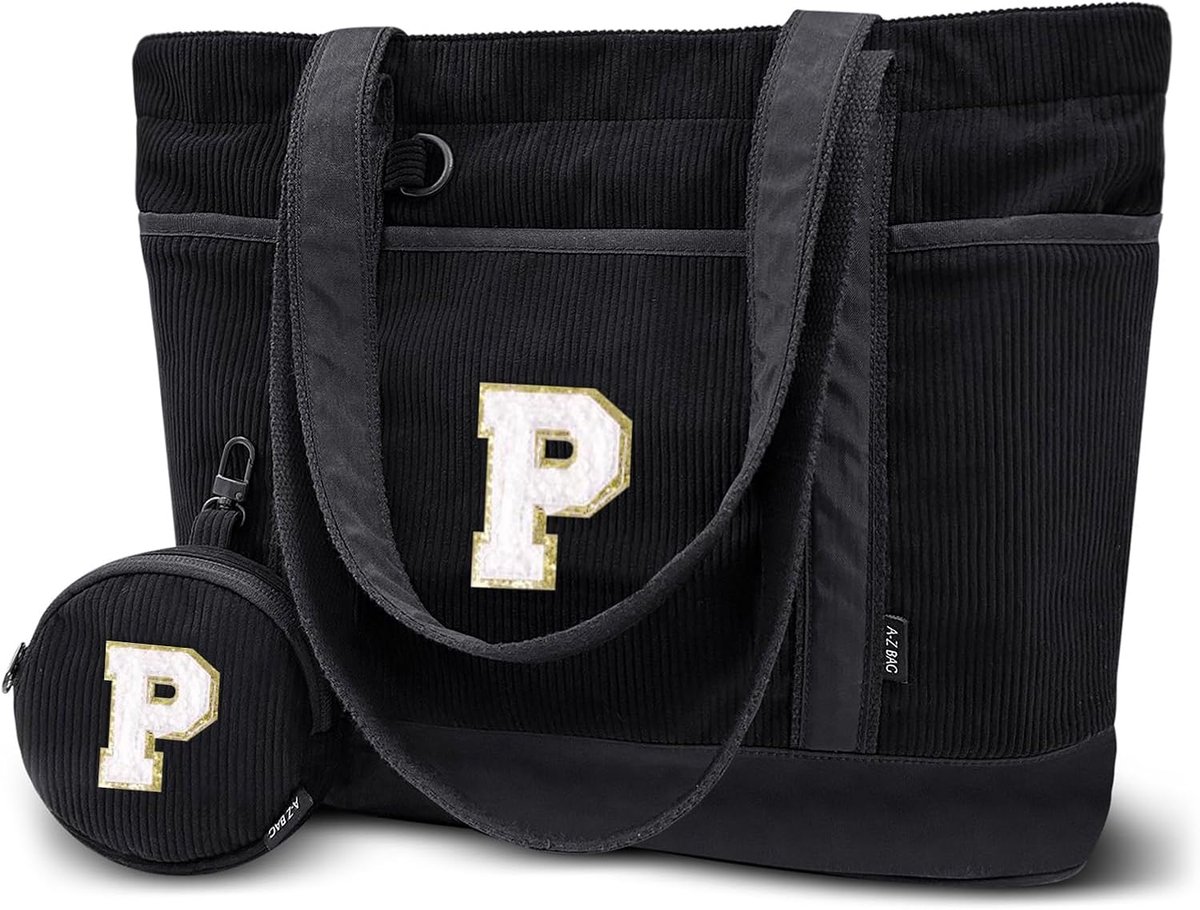 Tote Bag voor Vrouwen - Corduroy Schoudertas - Gepersonaliseerde Initiaal met Portemonnee - Ruime Capaciteit - ShopVlot