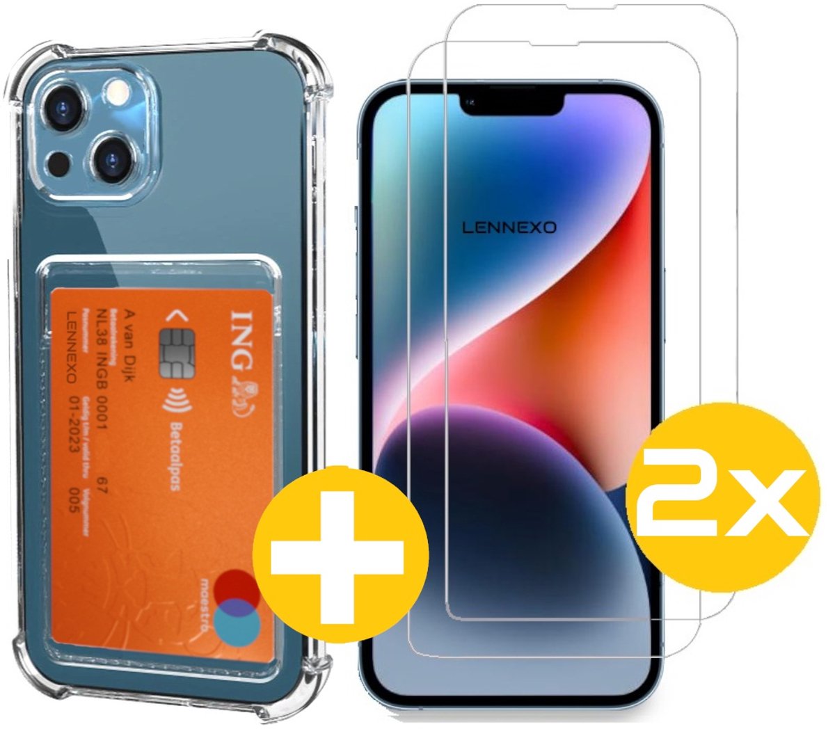 Pashouder Hoesje en Screenprotector Combi Geschikt Voor iPhone 14 - Pasjeshouder + 2x Screenprotector
