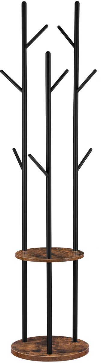 Famanu – Vrijstaand kledingrek in boomvorm met 8 haken en 2 ronde planken, ideaal voor kleding, hoeden en tassen, vintage bruin-zwart