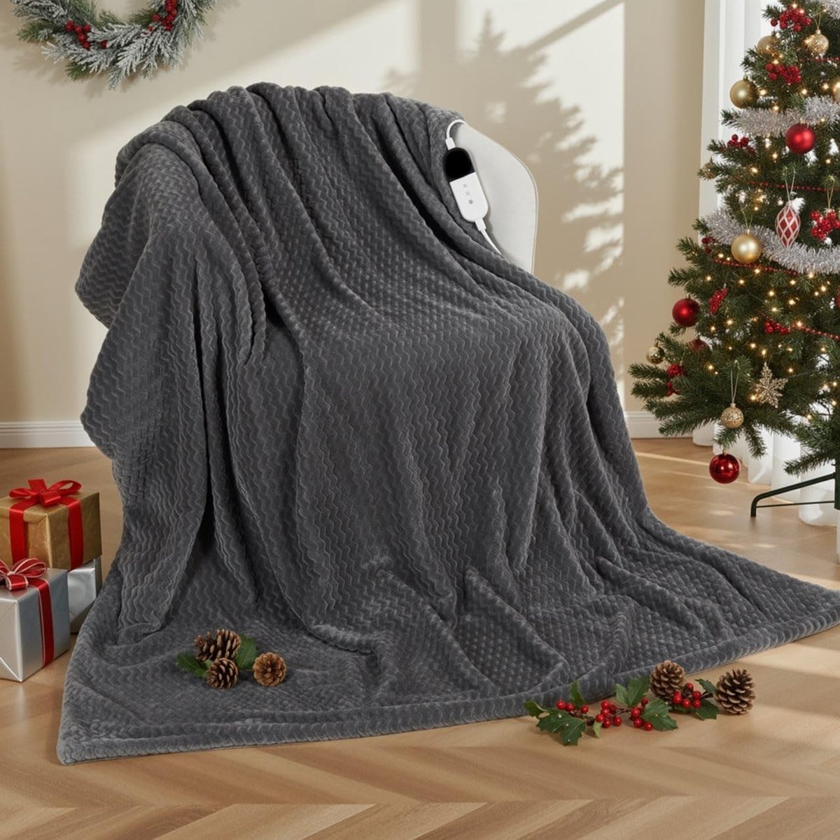 Verwarmd Dekentje - Grijs - 130 x 180 cm - Zacht Fleece met Golfpatroon - Voor Bank en Bed