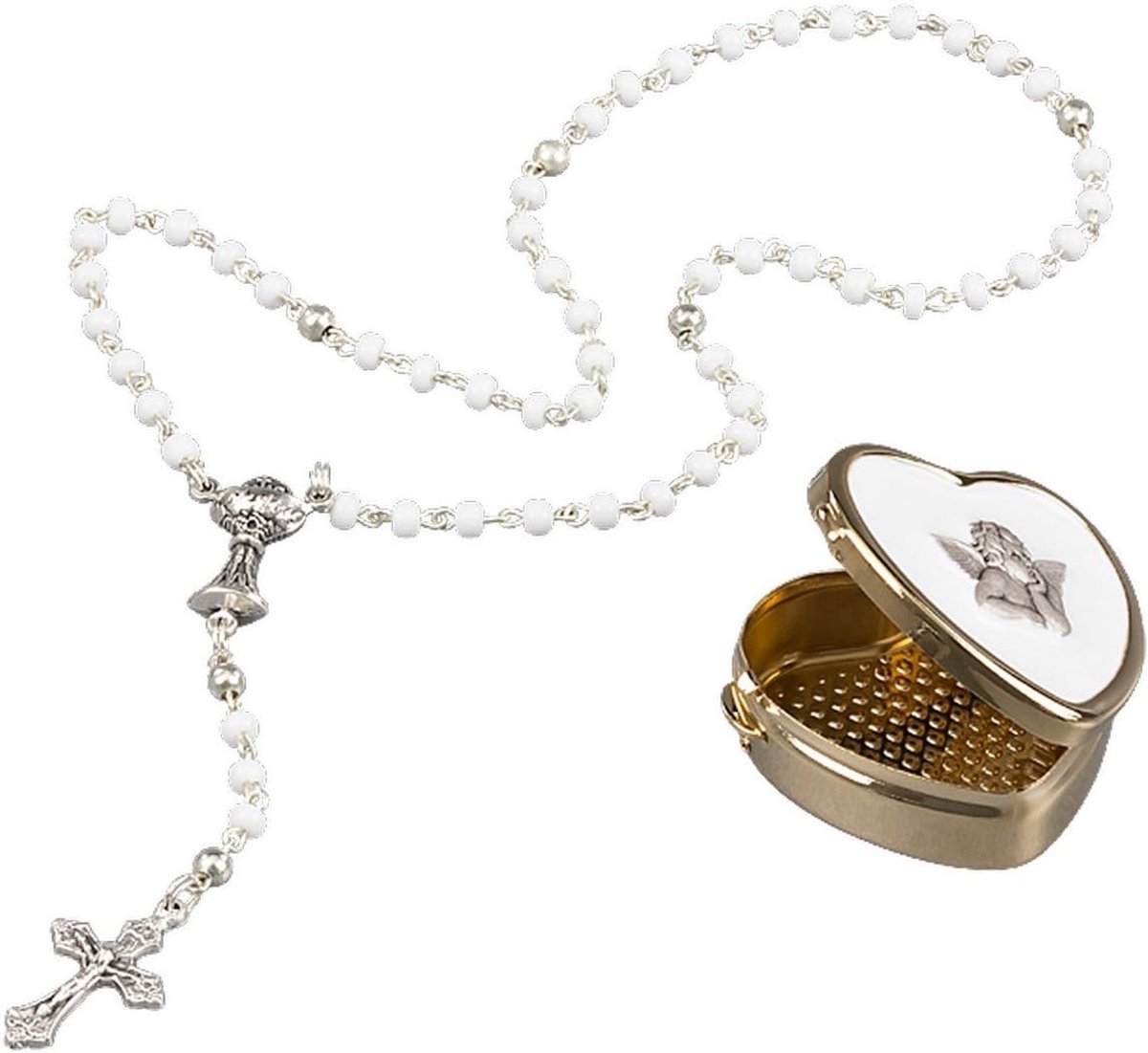 to the First Holy Communion....graceful rosary in gold heart box, Raphael angel - ShopVlot