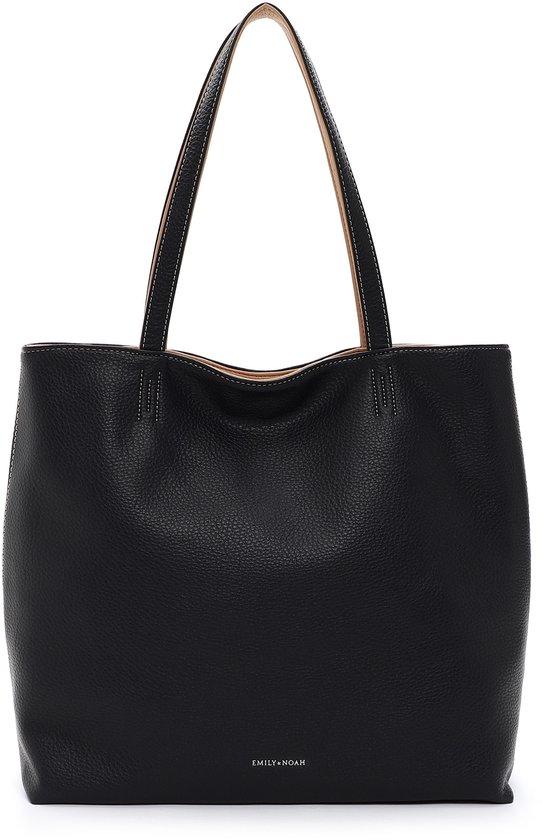 Zwarte Emily & Noah shopper tas met beige voering en opvallende stiksels.