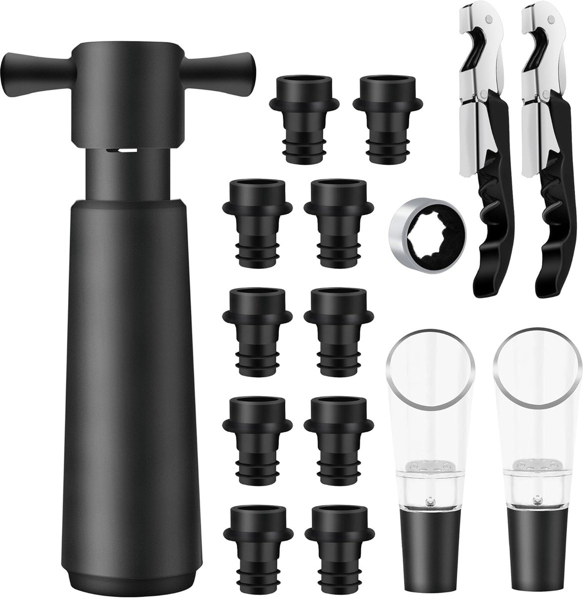 Wine pump, includes 10 reusable wine stoppers, 16-in-1 kit, 1 vacuum pump for wine, 1 foil cutter, 2 versatile, 2 wine - ShopVlot