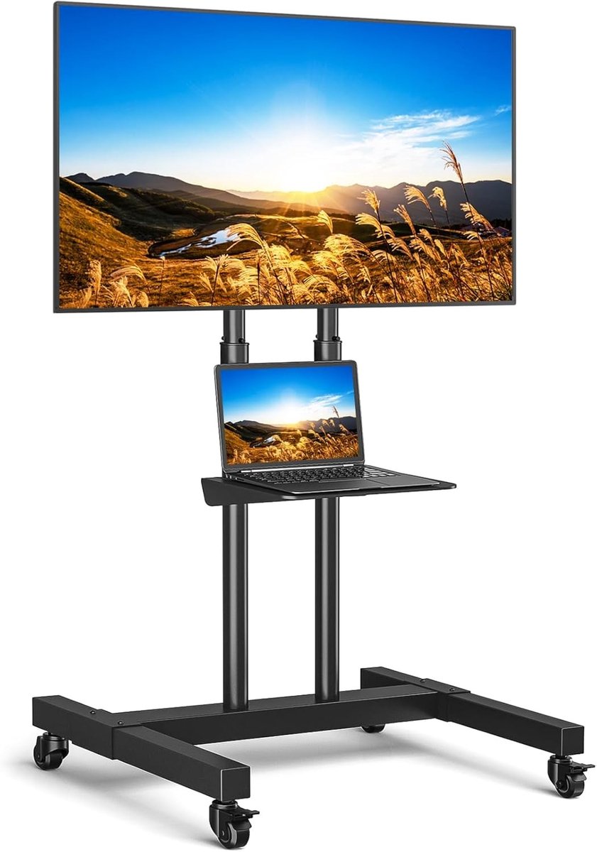 Tv-standaard - Zwart - Hoogte verstelbaar - Oprolbaar met Wieltjes voor TV tot 50 kg