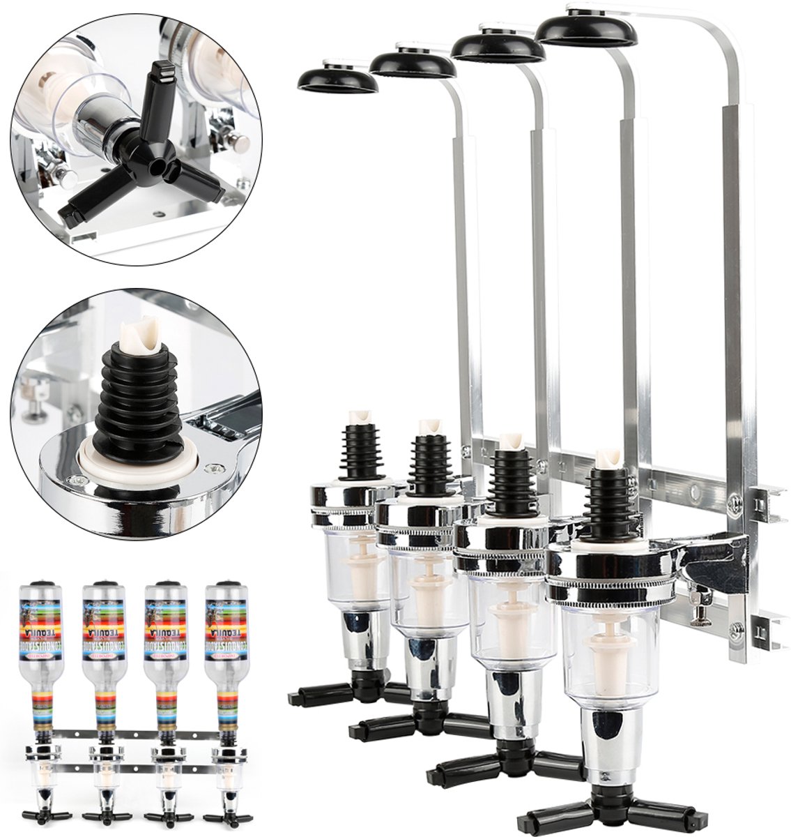 PIPIPOXER Drankdispenser 4 flessen - Bar Butler - Flessenhouder en doseerder - Drank & Shot dispenser - Incl. muurbevestiging - accessoires, drankdispenser, huisbar, cocktailbar - 4 Fles