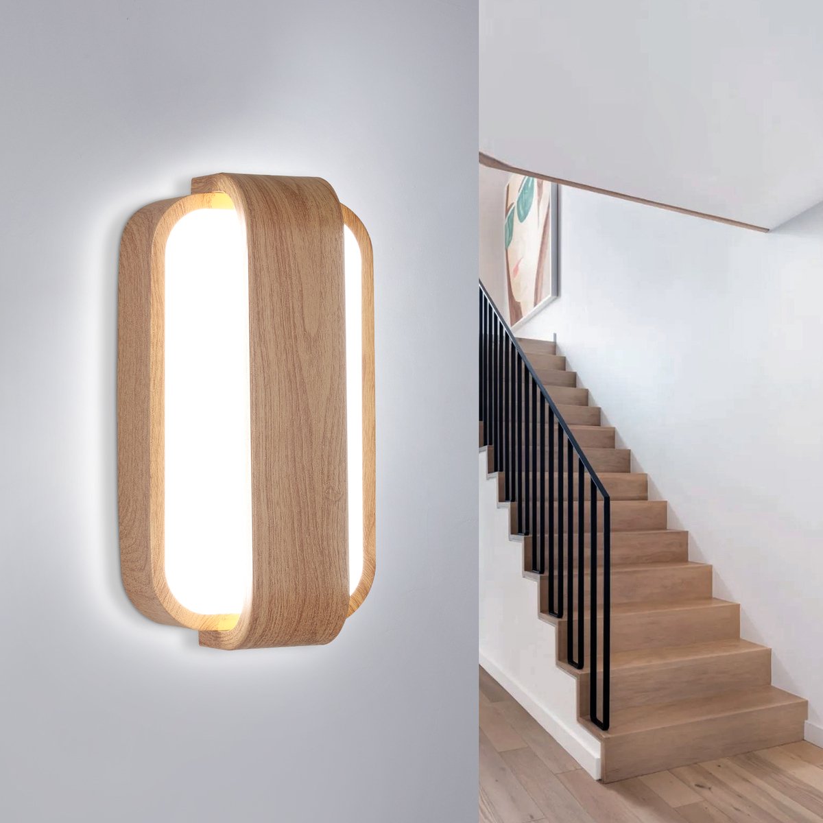 Riserva LED Wandlamp modern rechthoekig houtkleur, ijzer + acryl 13W koud wit 6500K, voor studeerkamer, slaapkamer, woonkamer, eetkamer, gang