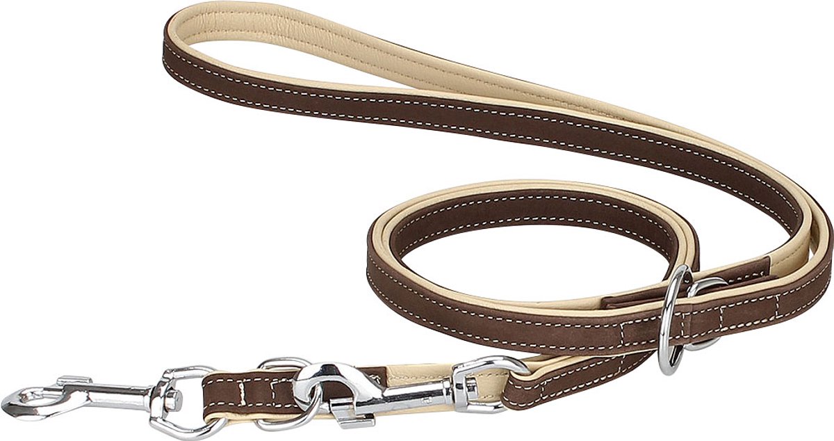 Knuffelwuff zachte verstelbare echt lederen hondenriem Orlando bruin/beige, lengte 200cm, breedte 1,2cm