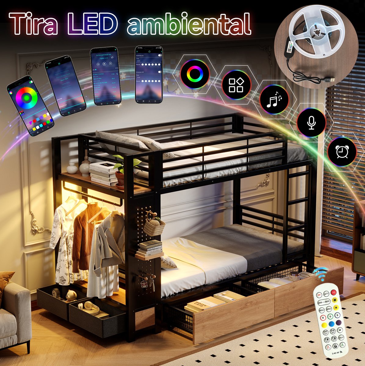 MIVRAY Stapelbed 90x200 cm - Metalen En MDF Bed Met 4 Lades En Opbergruimte - LED Verlichting - Met Uitvalbeveiliging - Zwart