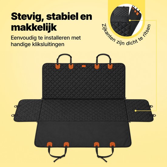 Housse de voiture matelassée noire, dépliée à plat, avec des points de fixation orange. Les côtés se ferment par fermeture éclair.