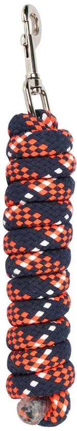 Touwhalster in marineblauw met oranje ruitpatroon, met zilverkleurige musketonhaak.