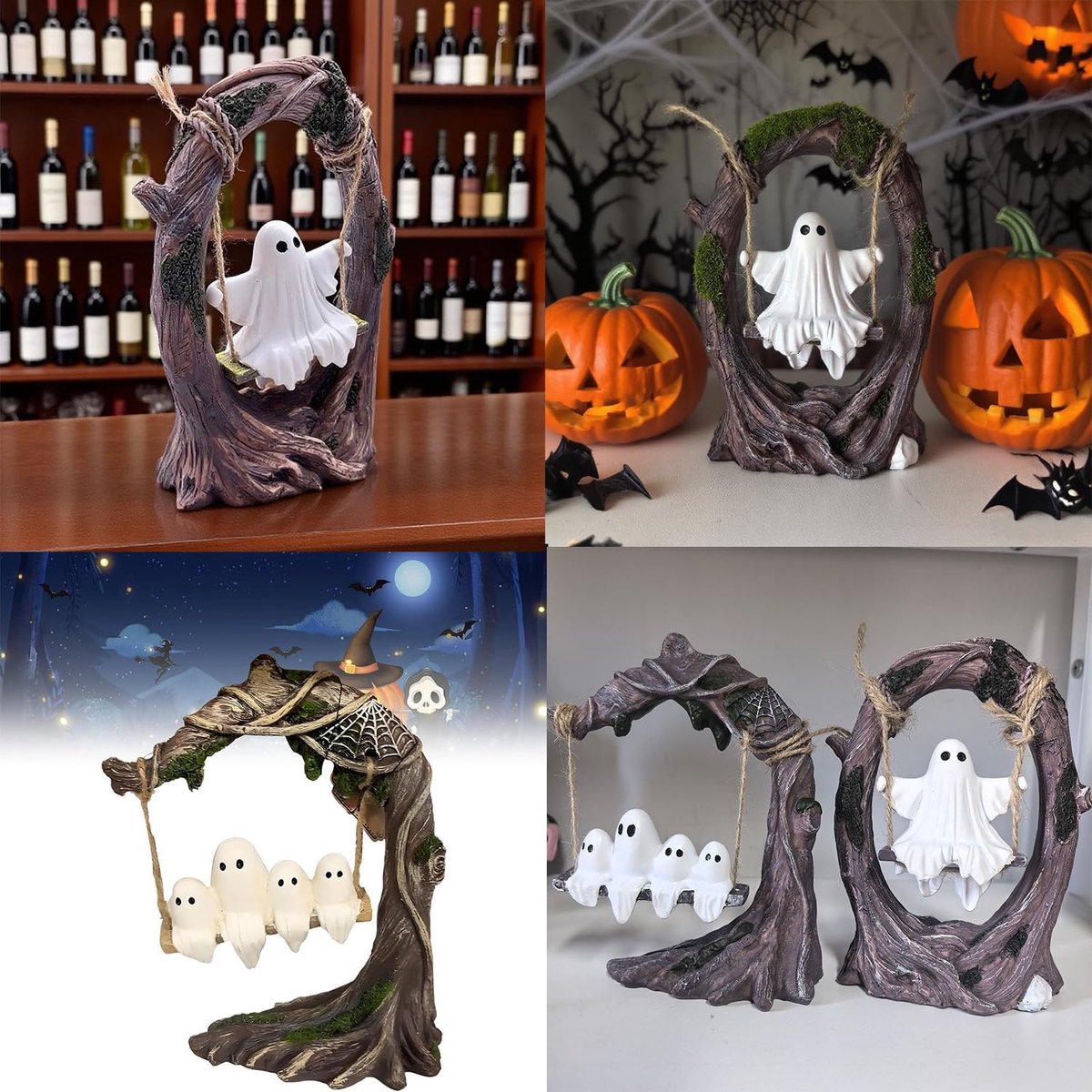 1 Halloween Decoratie - 11,5 × 6,5 × 11,5 cm - Klein spookje op een schommel - Mini en schattig - Geschikt voor binnen en buiten - Vol plezier - Kan op een veranda, bureau, boekenplank, in de tuin of op het gazon worden geplaatst