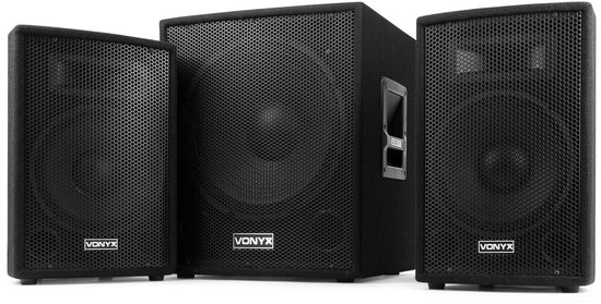 Zwarte Vonyx luidsprekers: een subwoofer en twee topspeakers met metalen grill.