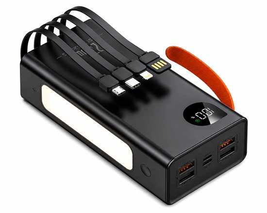 Zwarte powerbank met ingebouwde kabels, oranje lus, LED-indicatie en vier USB-uitgangen.