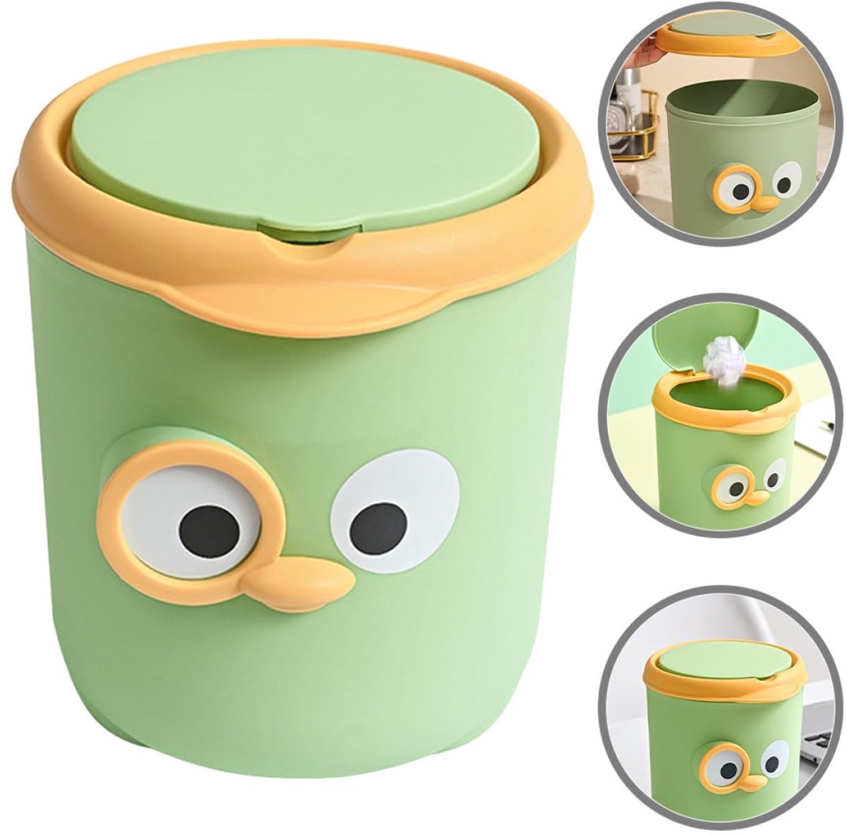 Mini-bureauprullenbak – 12 x 15 x 17 cm – PP-materiaal – Klapdeksel – Eenvoudig te reinigen & ruimtebesparend – Leuk ontwerp – Geschikt voor kantoorafval – Groen