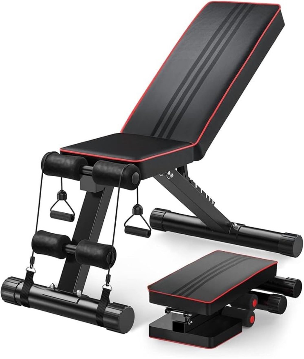 Thuys - Verstelbare Trainingsbank – Multifunctionele Fitnessbank – 7 Posities – Opvouwbaar – PU-Leder – Tot 300 kg – Met Weerstandskoorden