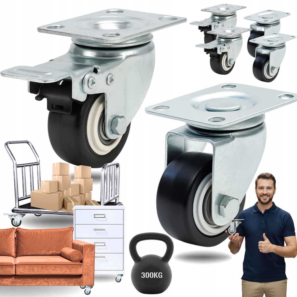4x Zwenkwielen met Rem 38mm - 300kg Draagvermogen