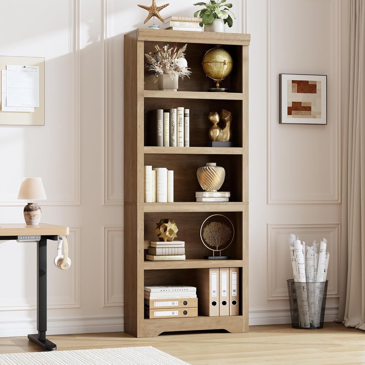 Hoge Boekenkast 5 Lagen - 60x29.5x174.5cm - Boekenkast Vintage - Verstelbare Planken - Kantelbeveiliging - Open Opbergkast - Voor Woonkamer Kantoor - Bruin