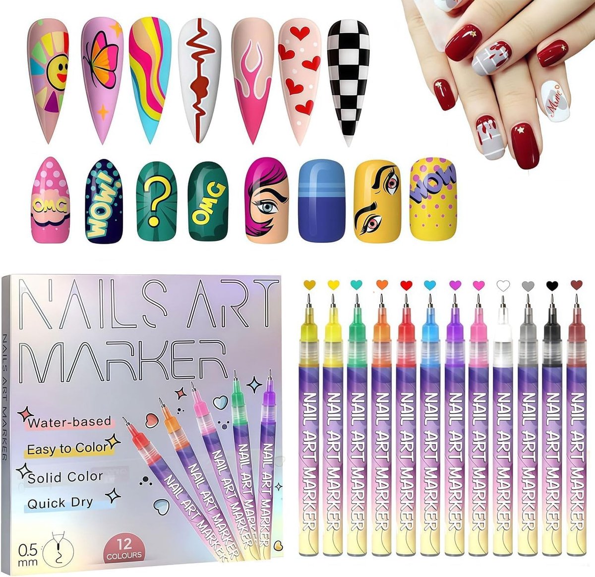 Kezidhp Nagellakstift, 12-delige set 3D-stiften – Nail Art Marker 2026 Nieuw, sneldrogend voor doe-het-zelf - ShopVlot
