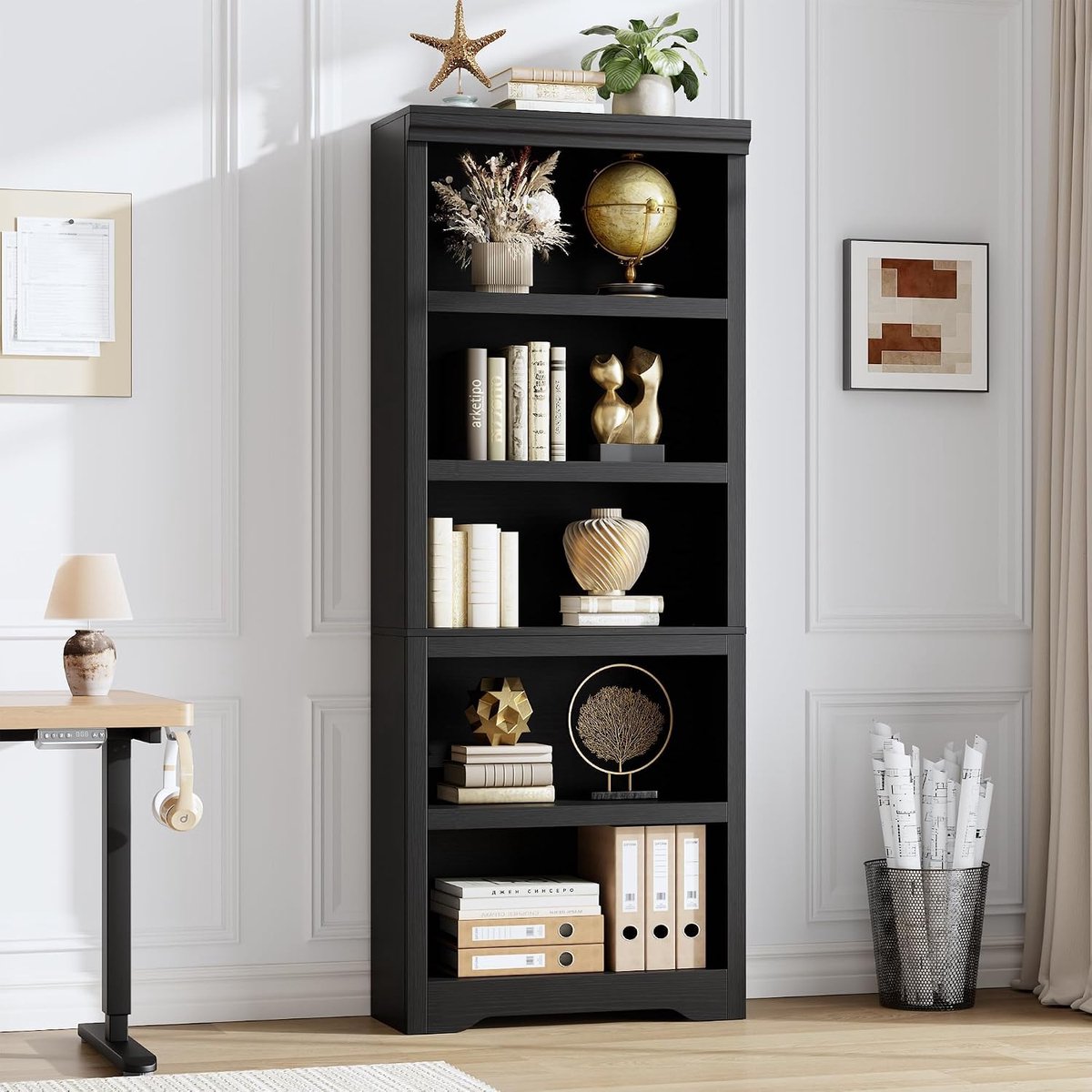 Hoge Boekenkast 5 Lagen - 60x29.5x174.5cm - Boekenkast Vintage - Verstelbare Planken - Kantelbeveiliging - Open Opbergkast - Voor Woonkamer Kantoor - Zwart