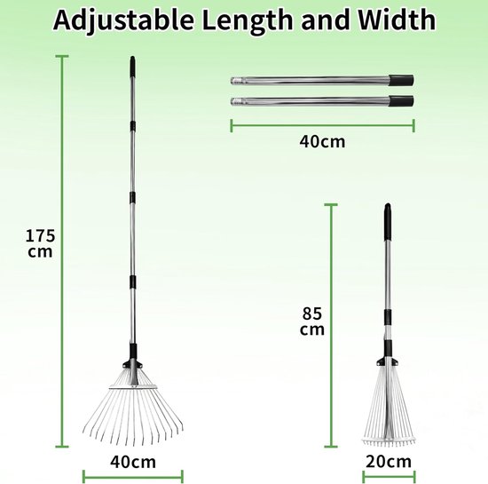 Verstelbare tuinhark 85-175 cm - uitbreidbare kop 20-40 cm - 15 tanden voor gazonreiniging — afbeelding 2