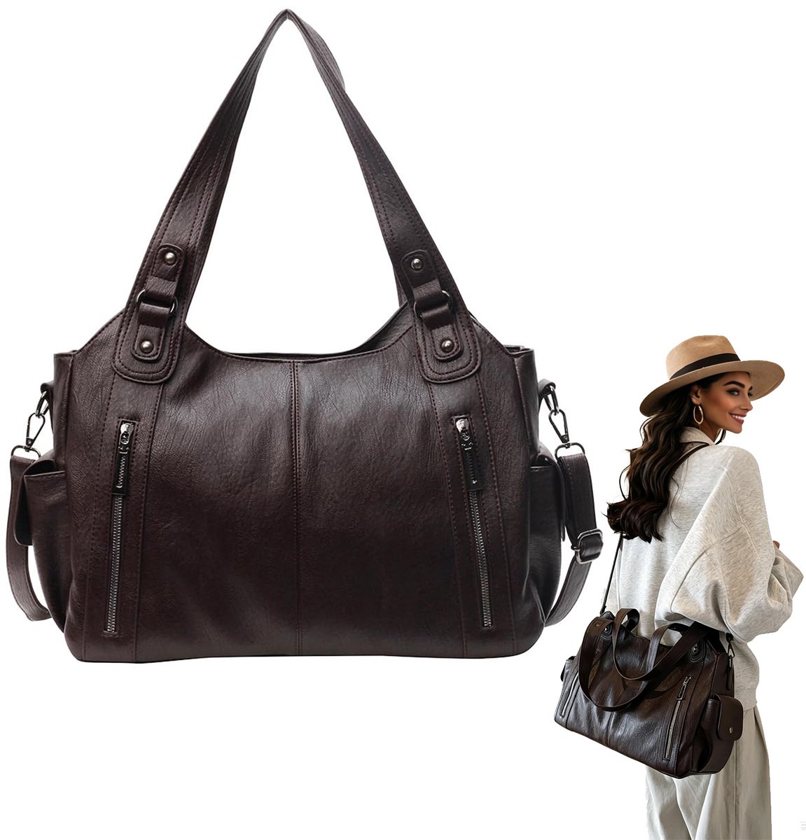 Handtas - Schoudertas Dames - Dames Handtas PU Leer – Grote Schoudertas – Tote Bag met Meerdere Vakken – Handtas, Schoudertas en Crossbody – 40 × 25 × 15 cm – Taupe