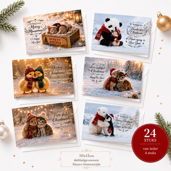 Een kaart met twee kuikentjes met kerstmutsen, die elkaar vasthouden met de tekst "Have a Ducky Little Christmas!".
