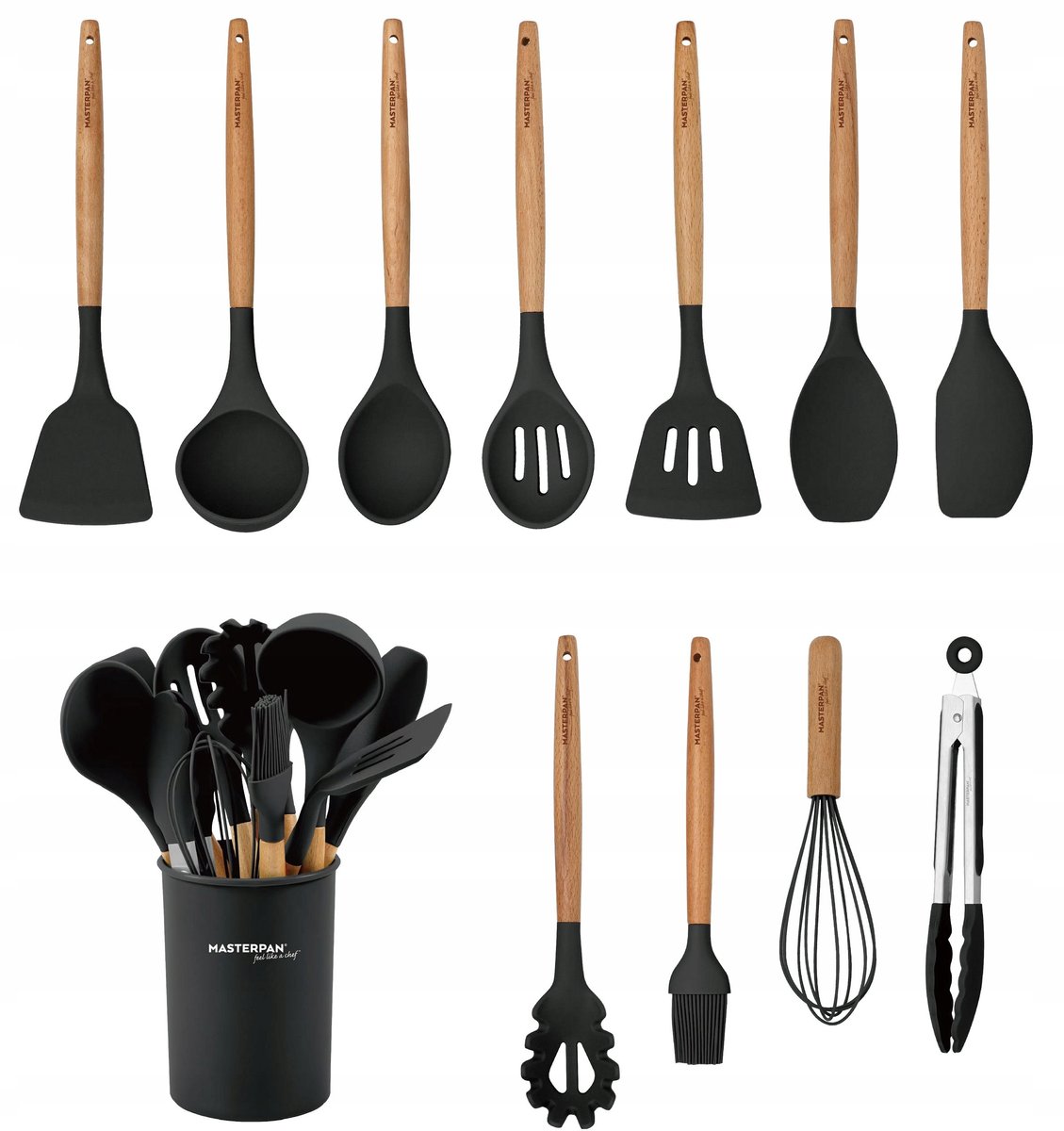12-delige Keukengerei Set Silicoon met Houten Handvatten & Standaard