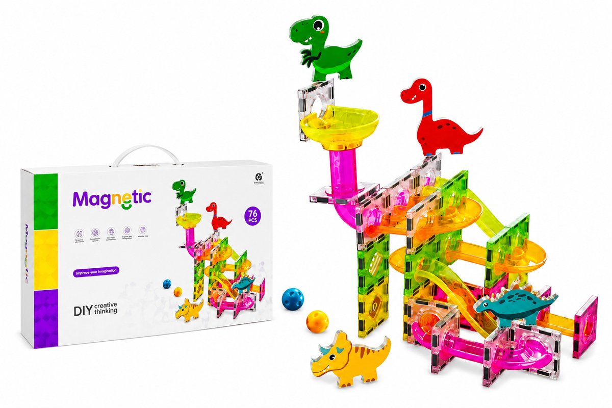 Magnetische Knikkerbaan Dinosaurus - 76-delig – Bouwset voor Kinderen - Transparante Magnetische Bouwstenen set