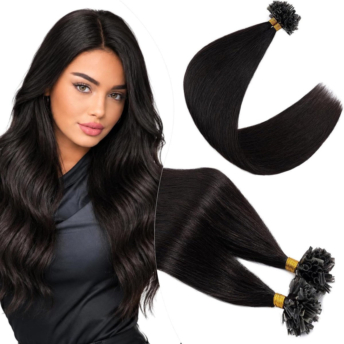 Elailite Bondings Extensions True Hair #1B Natural Black, 50g 35cm Cutaway Hair Extensions Keratin 100 Roots (0.5g/s) - ShopVlot