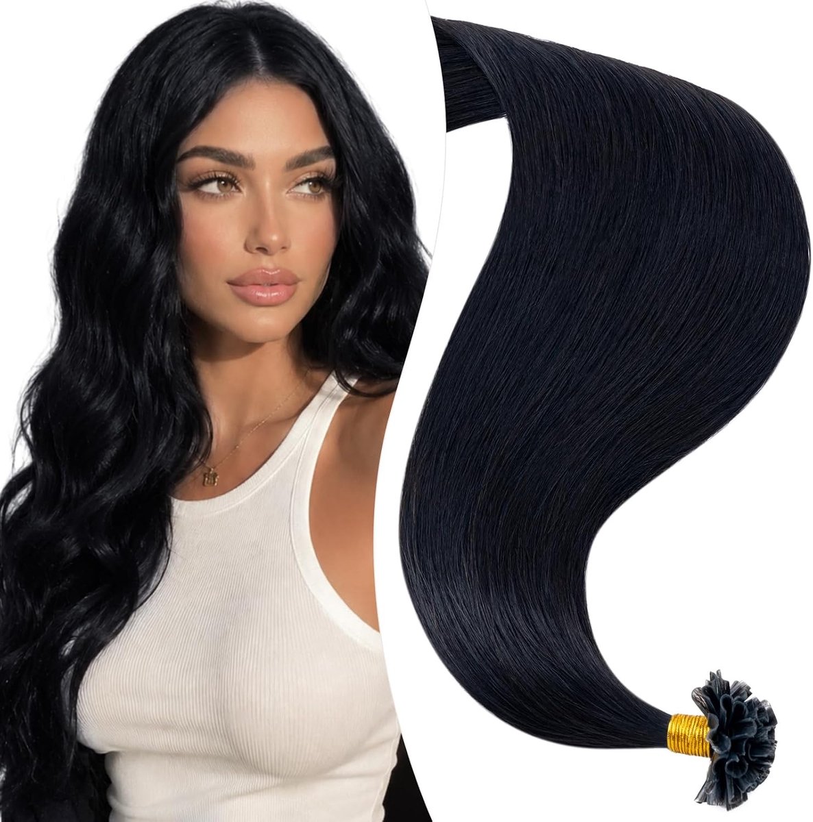 Elailite Bonding Real Hair Extensions, 50 g, Keratin Hair Extensions, U-Tip, 1 g/piece, 50 cm, 50 Pieces, #1 Black - ShopVlot
