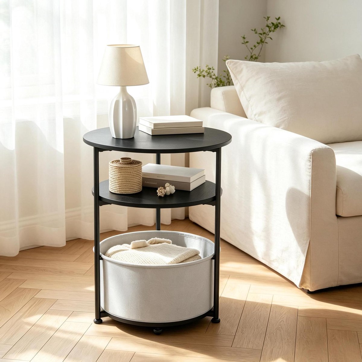 Ronde Bijzettafel Met Opbergruimte Modern Met Metalen Frame Voor Woonkamer En Slaapkamer Stijlvol Zwart 43 X 43 X 56 Cm