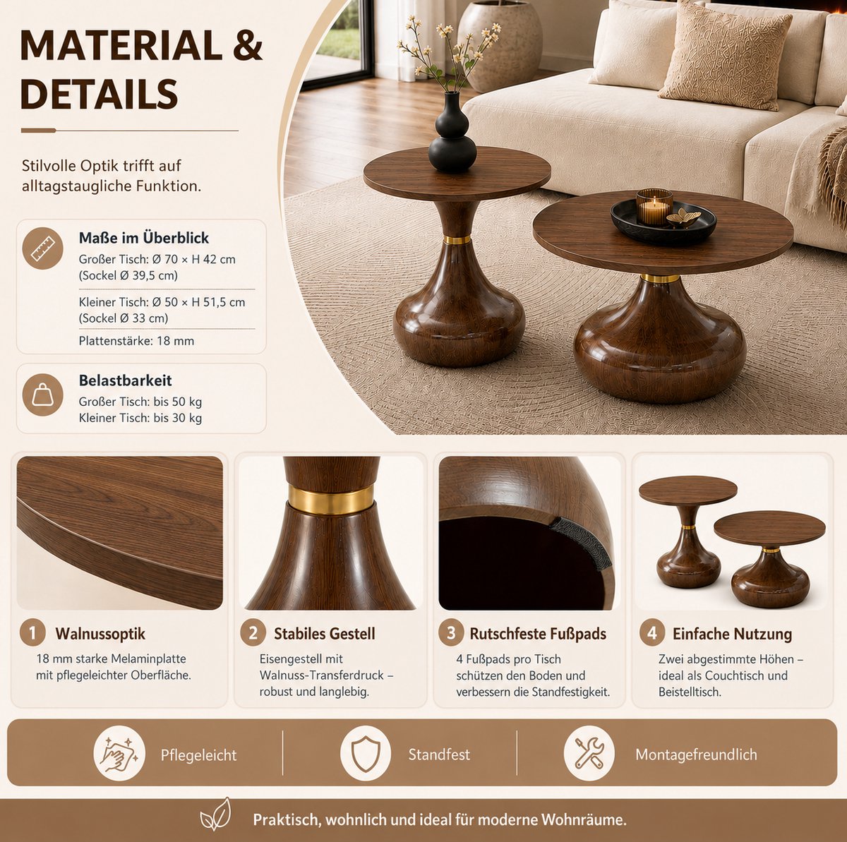 MIVRAY Salontafel Set Van 2 - Ronde Couchtafel En Bijzettafel In Walnootlook Met Melamine Blad - Modern Voor Woonkamer En Lounge - MDF En Metaal