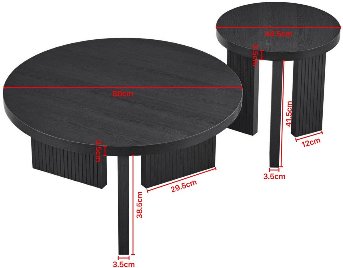 MIVRAY Salontafelset - Ronde Zwarte MDF Tafel Met Geribbelde Poten - Modern Voor Woonkamer Slaapkamer En Kantoor - Set Van 2