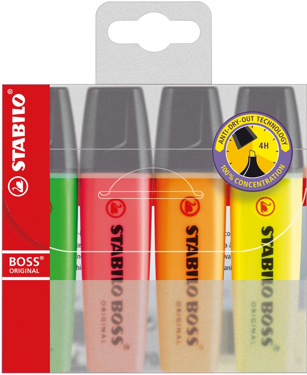 Stabilo Boss Markerset voor Notities - 4 Fluorescerende Kleuren