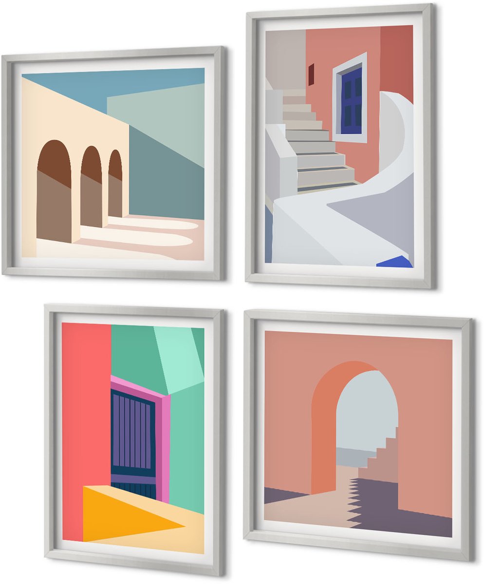 Coloray 4-Delige Schilderij Set - Kleurrijke illustraties van gebouwen in een moderne stijl. - 40 x 40 cm en 40 x 60 cm - Stijlvolle Wanddecoratie - Interieur - Interieur Decoratie