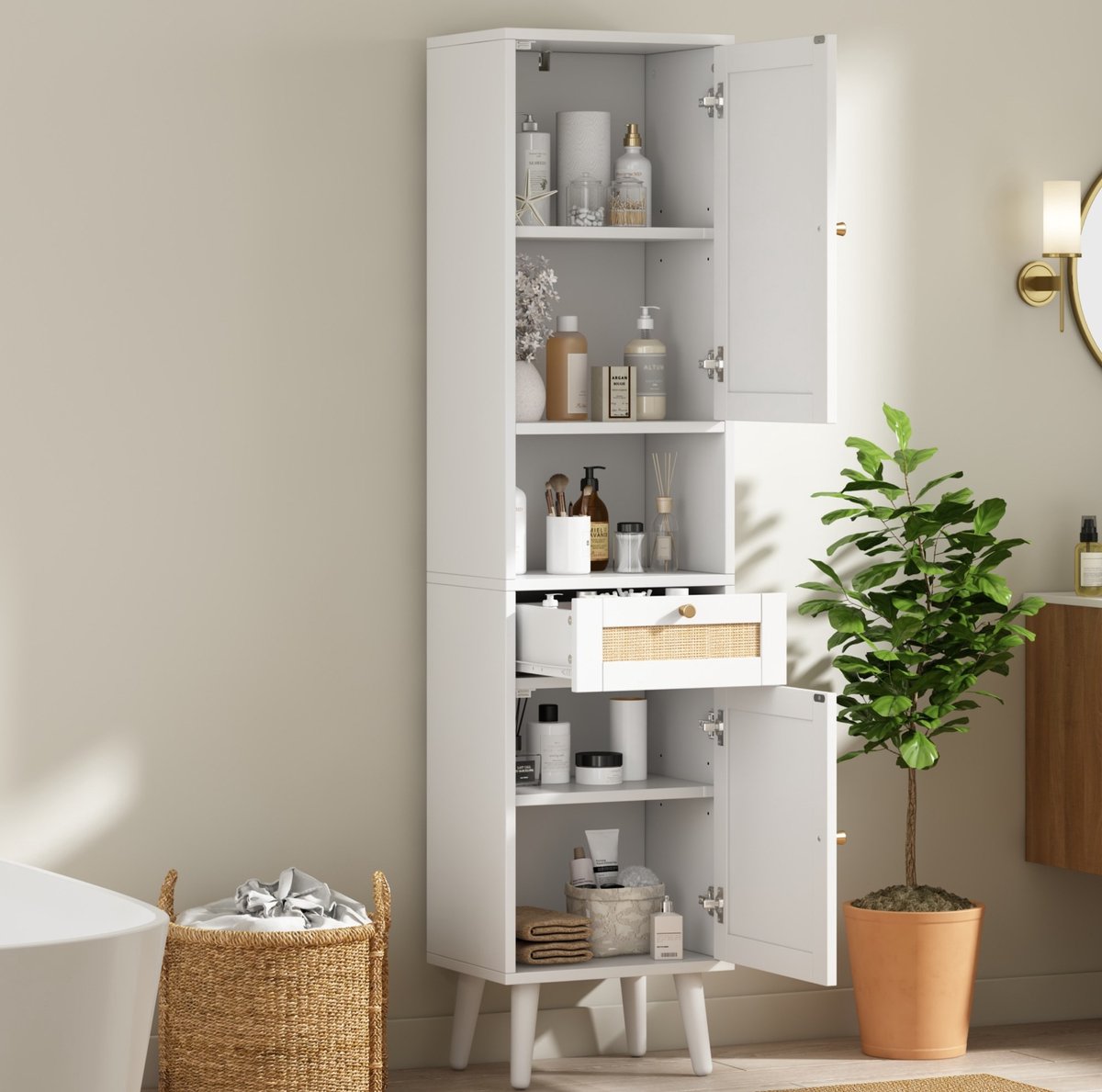 MIVRAY Badkamerkast - Vrijstaand Hoog Model Met Rattan Deuren En Lade - Voor Badkamer En Opbergruimte - Wit - 40x30x166 Cm