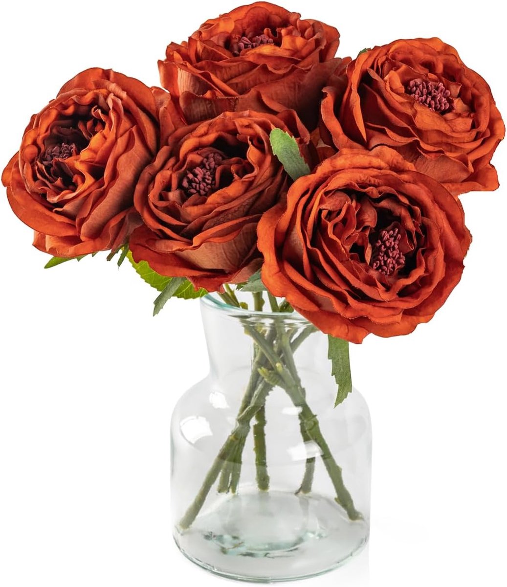 DuHouse 5 Pieces Silk Roses Burnt Orange Artificial Roses with Stems Real Feeling Rose Artificial Flowers for - ShopVlot