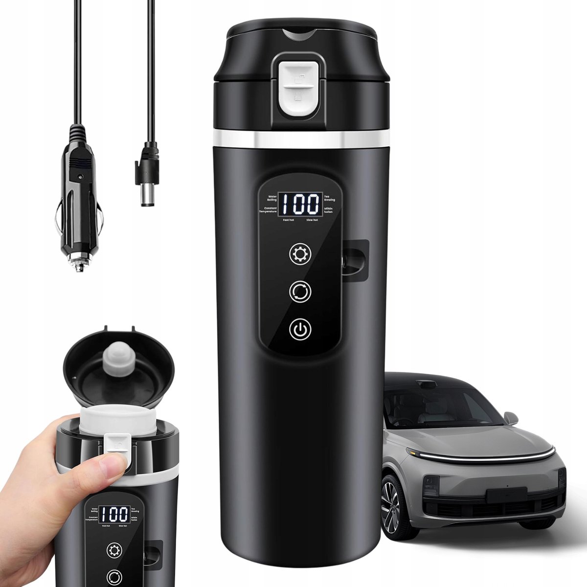 Mini Waterkoker - Draagbare Waterkoker - Auto Waterkoker - Reiswaterkoker - 400 ml - 12V/24V - 304 RVS - Touchscreen - Instelbare Temperatuur - Droogkookbeveiliging - Lekvrij Deksel met Veer - Voor Auto & Camper & Vrachtwagen
