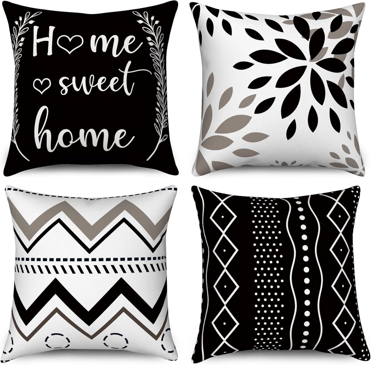 Black Cushion Covers 45 x 45cm Set of 4 Home Sweet Home Flowers Boho Geometric Decorative Throw Pillow Cases Modern - ShopVlot
