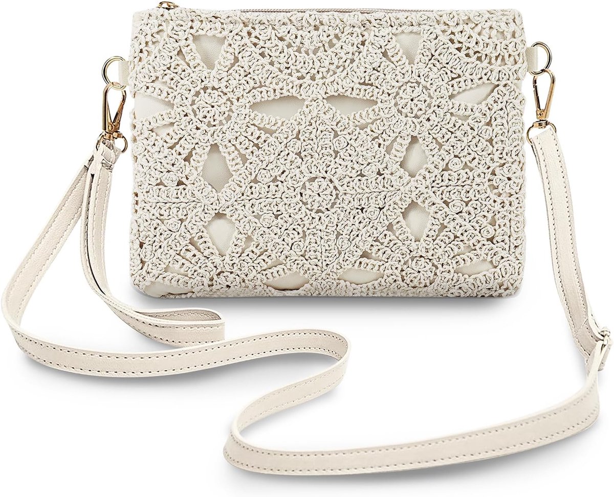 Women's Boho Crochet Crossbody Bag, Double-Sided Lace and Faux Leather, Mini Shoulder Bag with Adjustable Strap for - ShopVlot