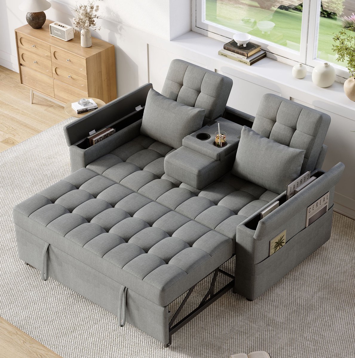 REDOM - Slaapbank - Verstelbare rugleuning - Opbergruimte in armleuningen - Met 2 kussens - Scandinavische stijl - Woonkamer - Katoen en linnen - Grijs - 159 x 142,5 x 92 cm