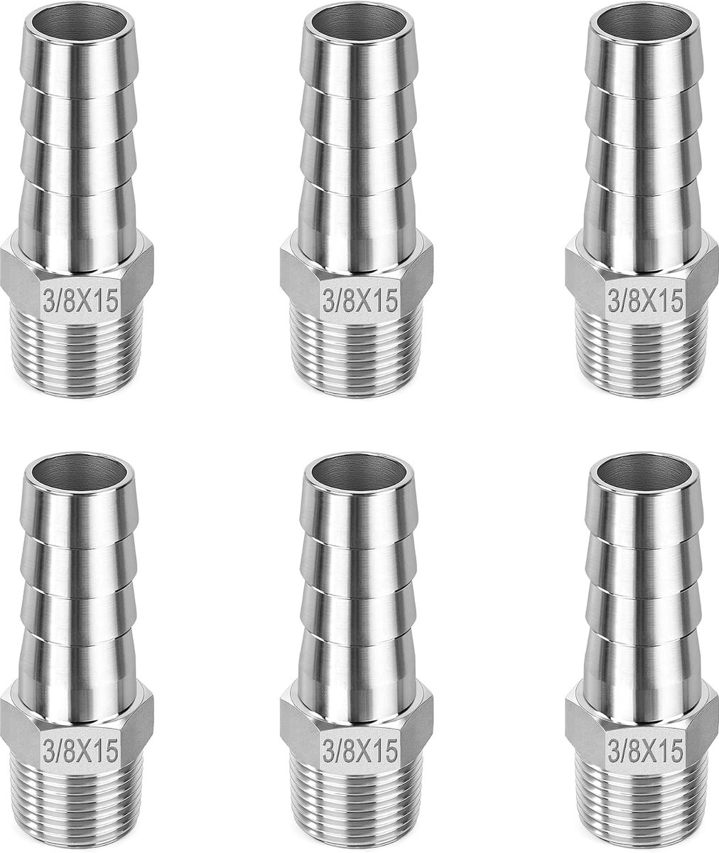 Barb Pipe Connector, 15 mm x 3/8 Inch Male Thread, Adapter for Fuel, Air, Water, Oil (Pack of 6) - ShopVlot