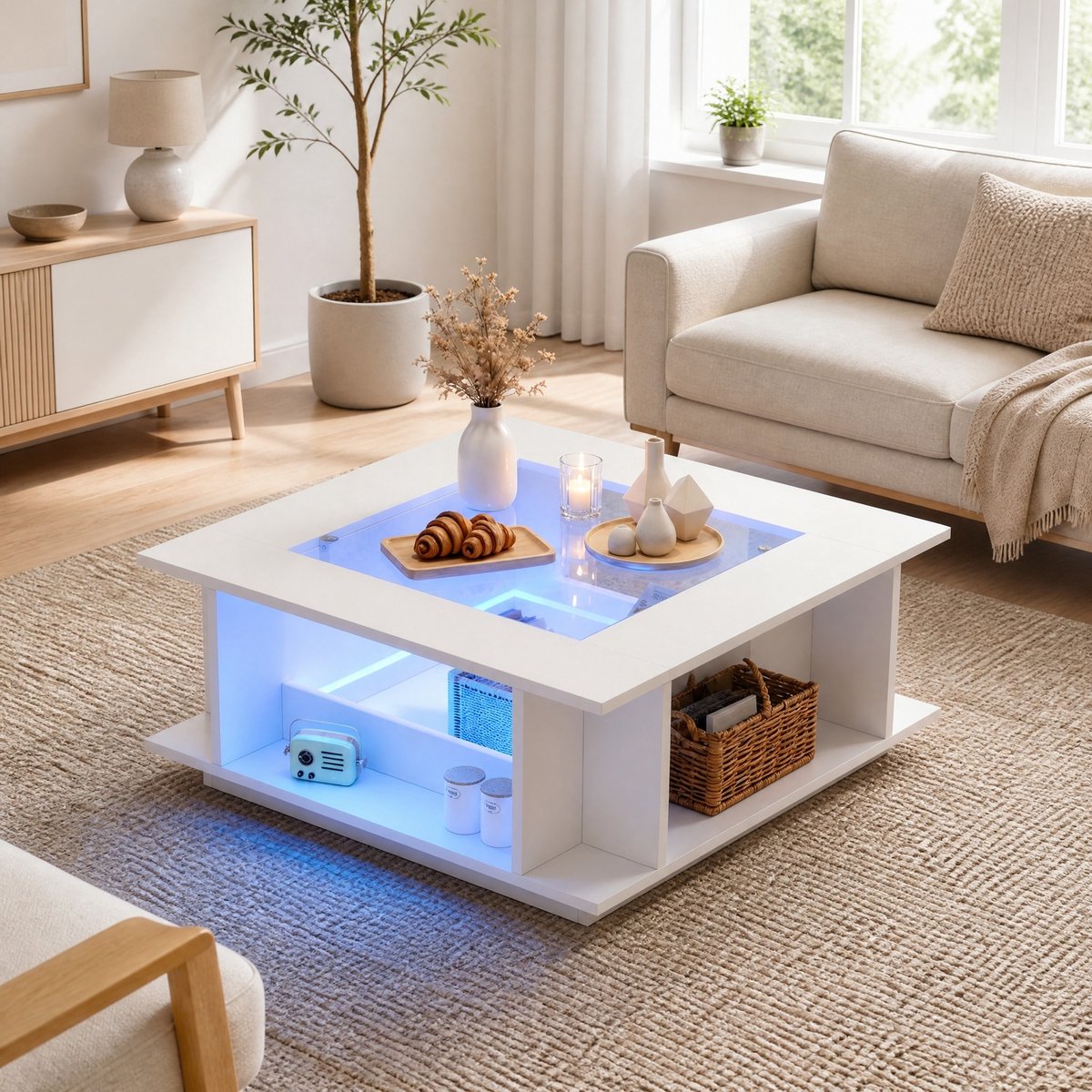 MODENUIT Salontafel - Vierkant Met LED En Glasplaat - Woonkamer - Spaanplaat - 70x70x30 Cm - Wit