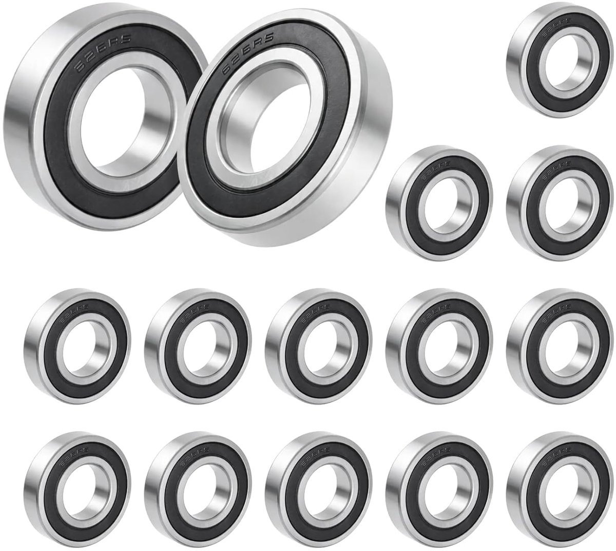 Set of 15 ball bearings 626-2RS, 6 mm x 19 mm x 6 mm, pre-lubricated, double shielded carbon steel, deep groove ball - ShopVlot
